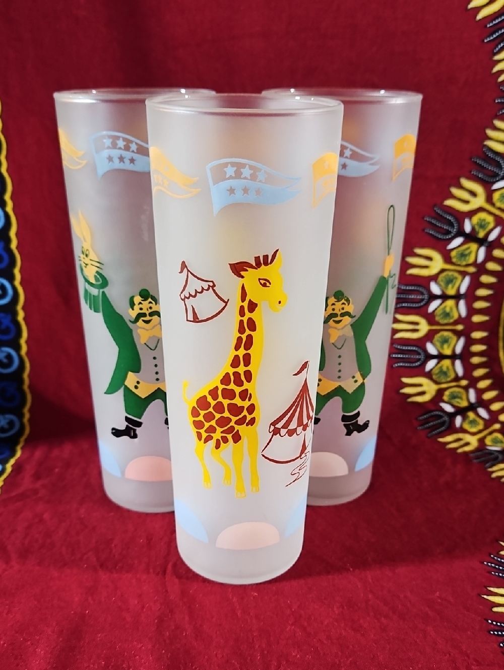 Vintage 1950s Libbey Frosted Circus Carousel Glasses Set of 3 MCM